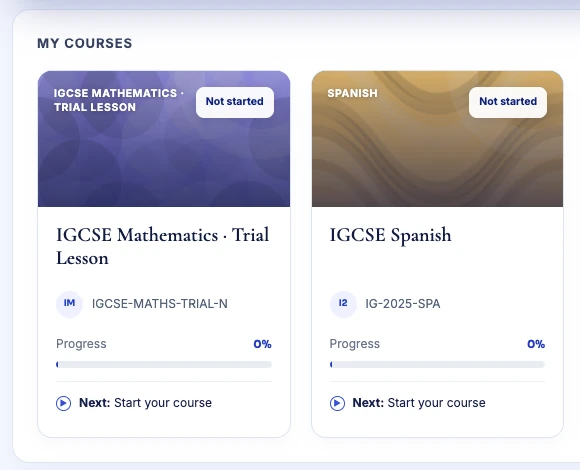 The IWS learning platform’s My courses page in a browser window, showing two course cards with their progress