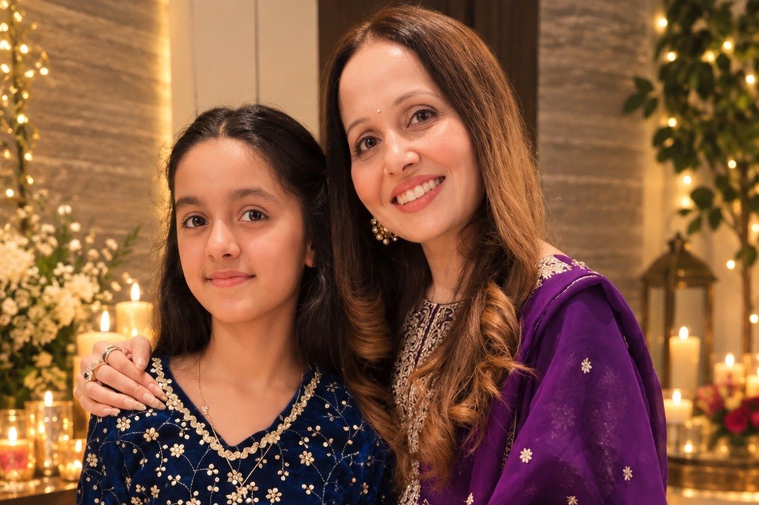 Kyara A. in a navy embroidered kurta, smiling beside a smiling woman in a purple dupatta, with candles and flowers behind them