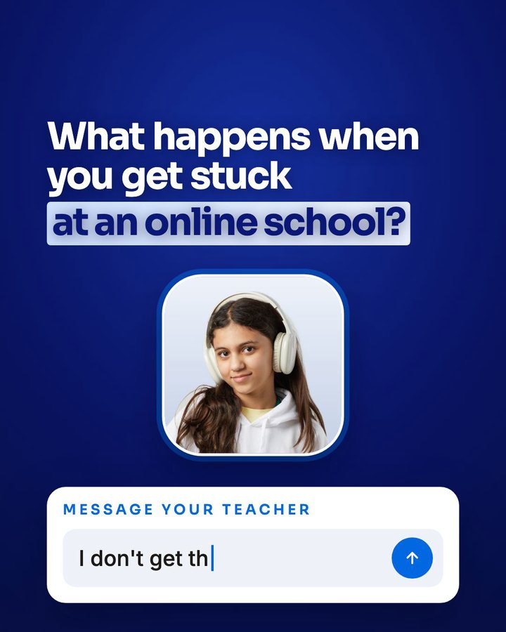 A student with headphones and a message to her teacher, under the words: what happens when you get stuck?