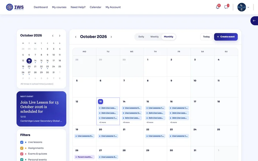 The calendar on the platform, October 2026: a month grid with live lessons on each school day, a card for the next event, and filters for live lessons, assignments, exams and quizzes, and personal events