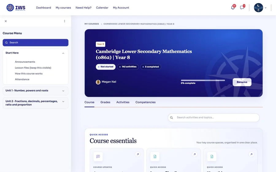 A course page on the platform, Year 8 Mathematics: the course menu down the left, the course header with a progress bar and a Resume button, and the Course essentials below