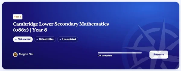The header of a Year 8 Mathematics course: 142 activities, 3 completed, a progress bar and a Resume button