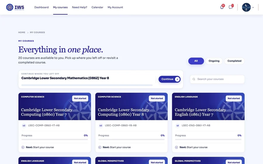 The My courses page: the heading “Everything in one place.”, a card to continue where you left off, and course cards for Computing and English, each with a progress bar