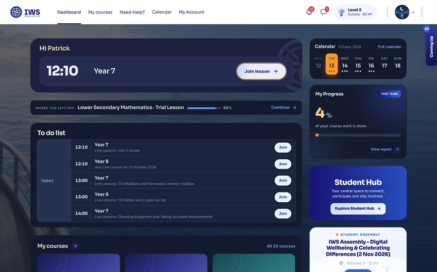 The dashboard of the IWS learning platform on a laptop: a greeting, the next live lesson with a Join button, today’s to-do list, the week’s calendar and a progress card