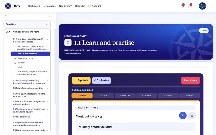 A lesson page on a laptop: the course menu with the topic’s three parts, the lesson’s header and the top of its first stage