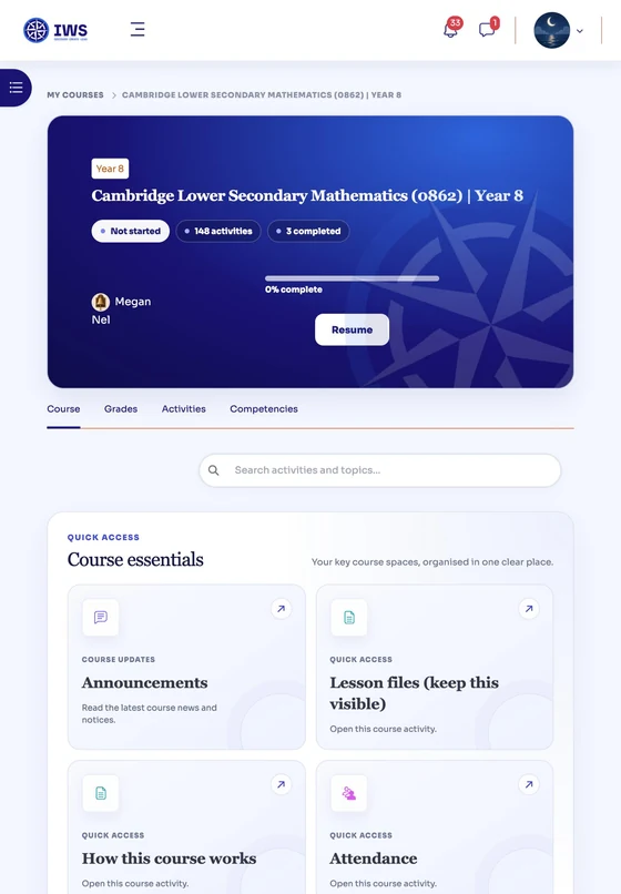 A Year 8 Mathematics course on a tablet: the course header with a Resume button, and the Course essentials cards below
