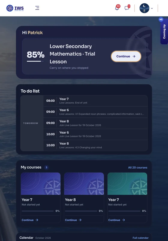 The same dashboard on a tablet: “Hi Patrick”, a trial lesson at 85% with a Continue button, tomorrow’s to-do list and three course cards