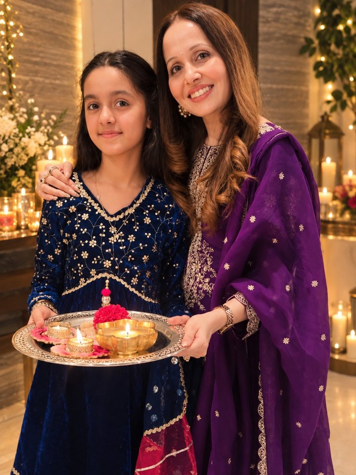 Kyara A. in a navy embroidered kurta, holding a brass plate of lit Diwali lamps and a flower, with a smiling woman beside her in a room full of candles