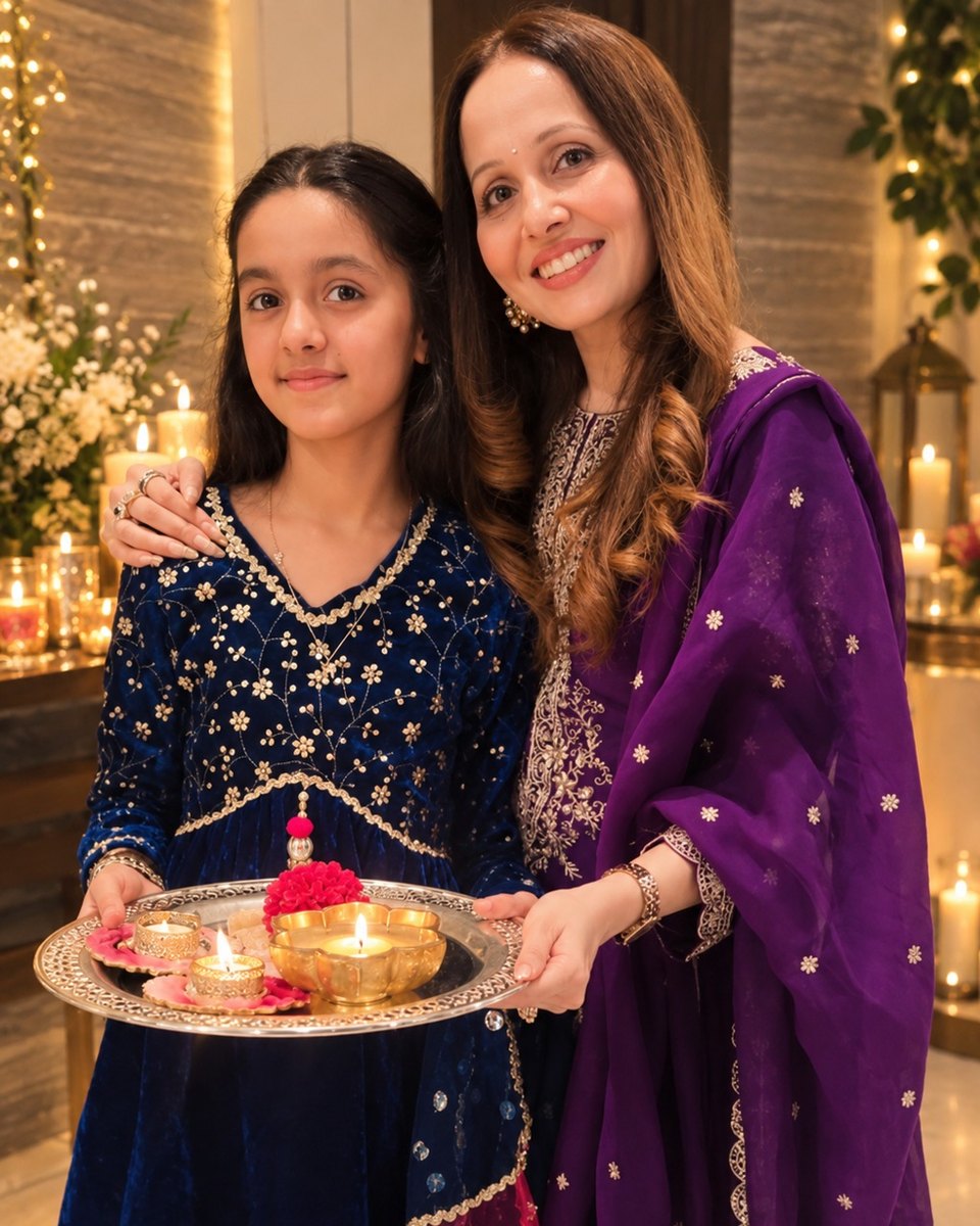 Kyara A. in a navy embroidered kurta, holding a brass plate of lit Diwali lamps and a flower, with a smiling woman beside her in a room full of candles
