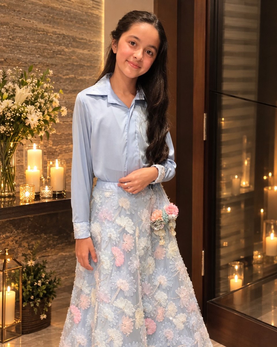 Kyara A., an IWS Lower Secondary student, in a pale-blue shirt and a floral skirt, standing beside candles and white flowers